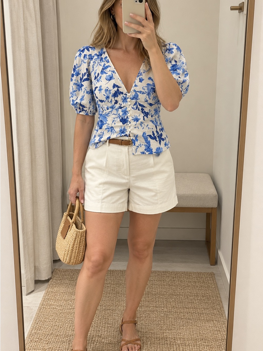 H&M Blue and White Floral Puff-Sleeve V-Neck Blouse